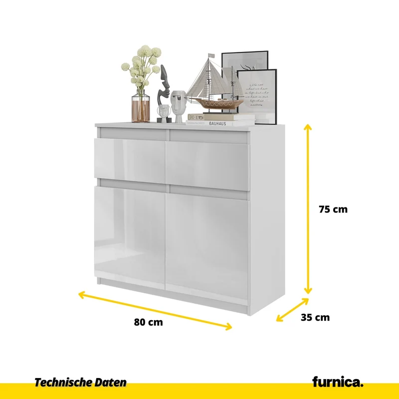 NOAH - Kommode / Sideboard mit 2 Schubladen und 2 Türen - Weiß Matt / Weiß Gloss H75cm B80cm T35cm