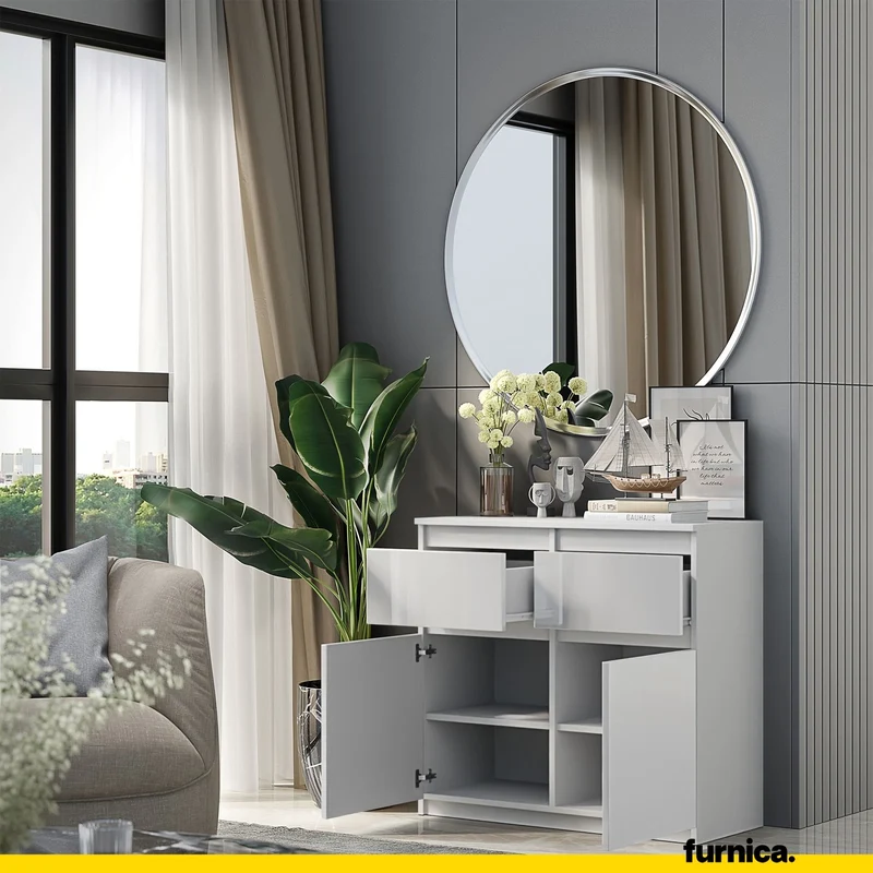 NOAH - Kommode / Sideboard mit 2 Schubladen und 2 Türen - Weiß Matt / Weiß Gloss H75cm B80cm T35cm