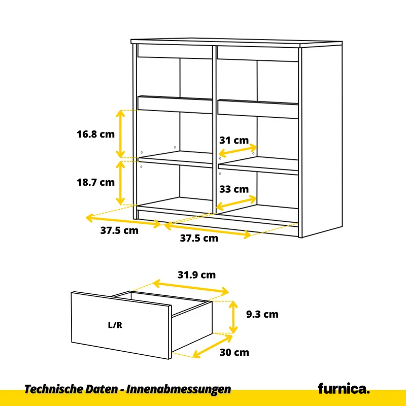 NOAH - Kommode / Sideboard mit 2 Schubladen und 2 Türen - Weiß Matt / Weiß Gloss H75cm B80cm T35cm