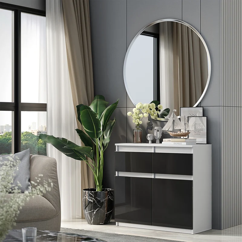 NOAH - Kommode / Sideboard mit 2 Schubladen und 2 Türen - Weiß Matt / Schwarz Gloss H75cm B80cm T35cm