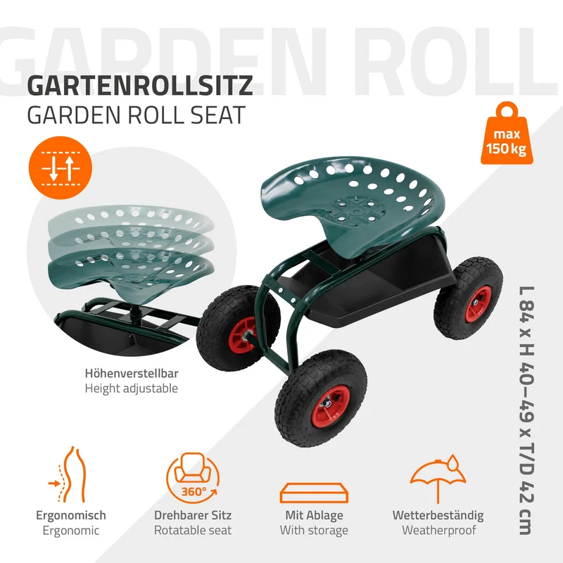 Gartenrollsitz 360° drehbar und höhenverstellbar, Rollsitz aus Stahl mit Ablagefläche & breite Reifen bis 150 kg