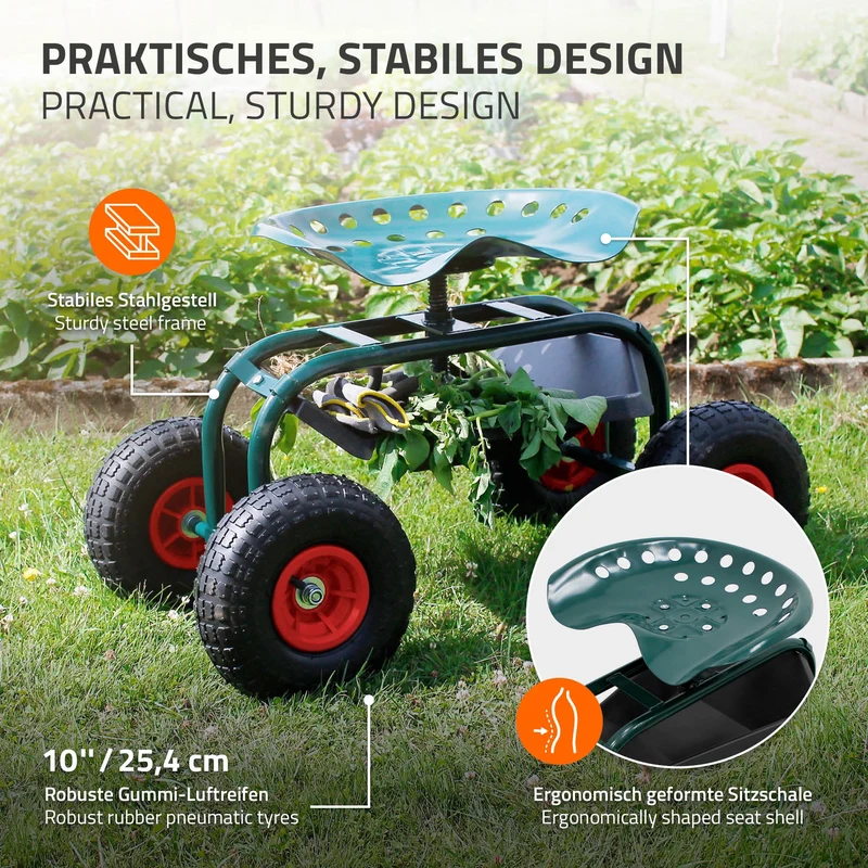 Gartenrollsitz 360° drehbar und höhenverstellbar, Rollsitz aus Stahl mit Ablagefläche & breite Reifen bis 150 kg