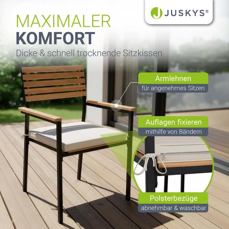 B-Ware Gartenstuhl Rhodos 2er Set Akazienholz Stahl Outdoor Stuhl mit Kissen schwarz