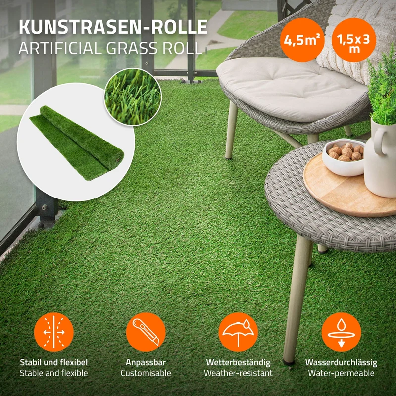 Rasenteppich Kunstrasen-Rolle 150x300 cm 4,5m² Grün, wetterfest, 35mm, Grasmatte Meterware, Kunstgras