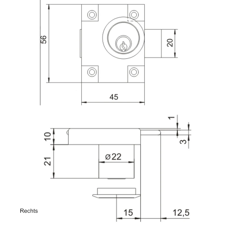 Möbelschloss Links/Rechts 22x21mm