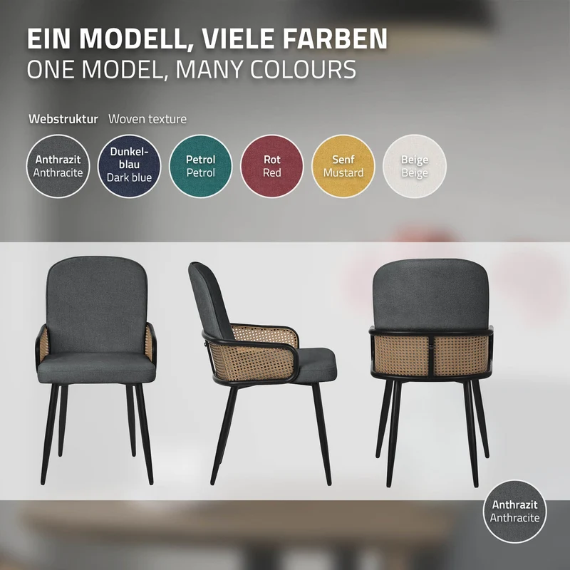 Esszimmerstühle 6er Set Anthrazit mit Arm- & Rückenlehne, Polsterstühle für Esszimmer & Küche ML-Design
