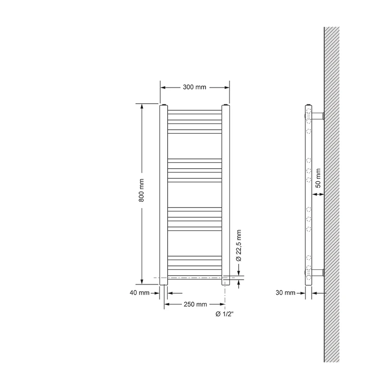 Elektrischer Badheizkörper mit Heizstab 600W 300x800 mm Anthrazit gerade mit Seitenanschluss LuxeBath
