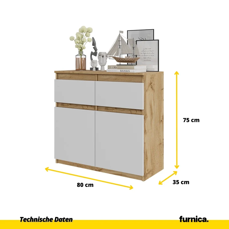 NOAH - Kommode / Sideboard mit 2 Schubladen und 2 Türen - Wotan Eiche / Weiß Matt H75cm B80cm T35cm