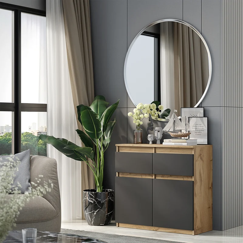 NOAH - Kommode / Sideboard mit 2 Schubladen und 2 Türen - Wotan Eiche / Anthrazit Grau H75cm B80cm T35cm
