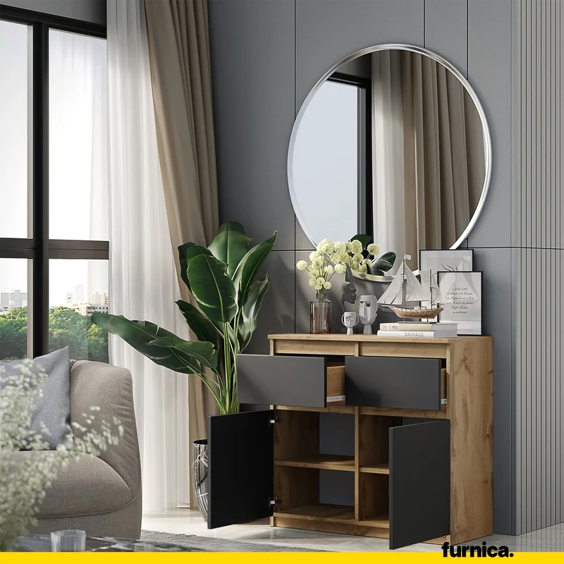 NOAH - Kommode / Sideboard mit 2 Schubladen und 2 Türen - Wotan Eiche / Anthrazit Grau H75cm B80cm T35cm