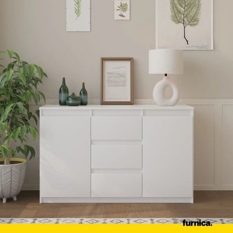 MIKEL - Kommode / Sideboard mit 3 Schubladen und 2 Türen - Weiß Matt H75cm B120cm T35cm