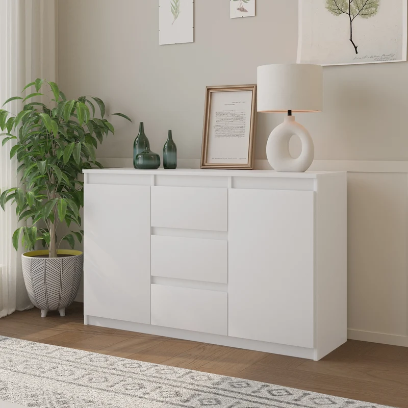 MIKEL - Kommode / Sideboard mit 3 Schubladen und 2 Türen - Weiß Matt H75cm B120cm T35cm