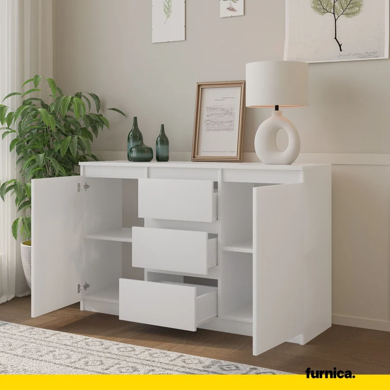 MIKEL - Kommode / Sideboard mit 3 Schubladen und 2 Türen - Weiß Matt H75cm B120cm T35cm