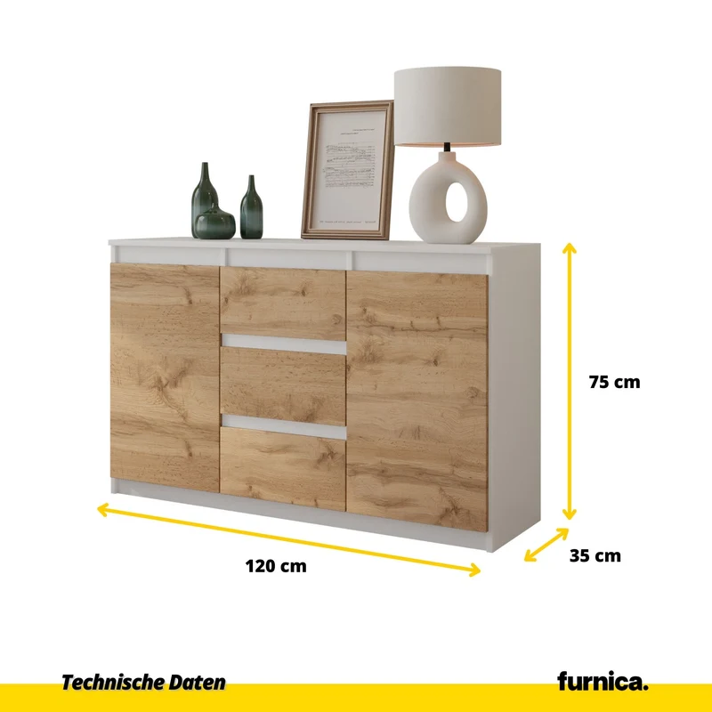 MIKEL - Kommode / Sideboard mit 3 Schubladen und 2 Türen - Weiß Matt / Wotan Eiche H75cm B120cm T35cm