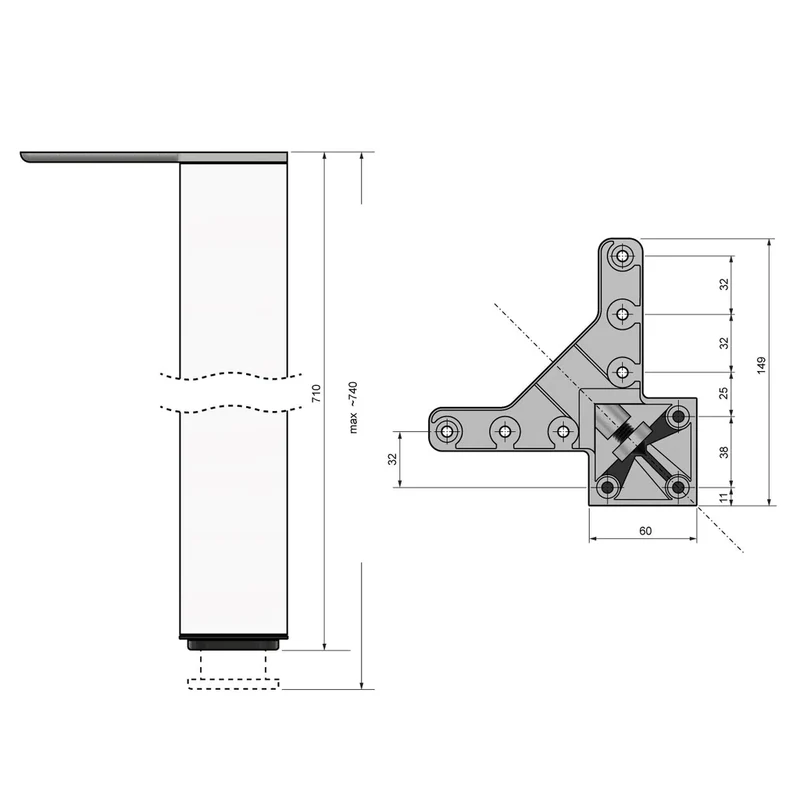 Quadratisches Tischbein 71 cm hoch, Gebürstetes Nickel, ZnAl Montageplatte
