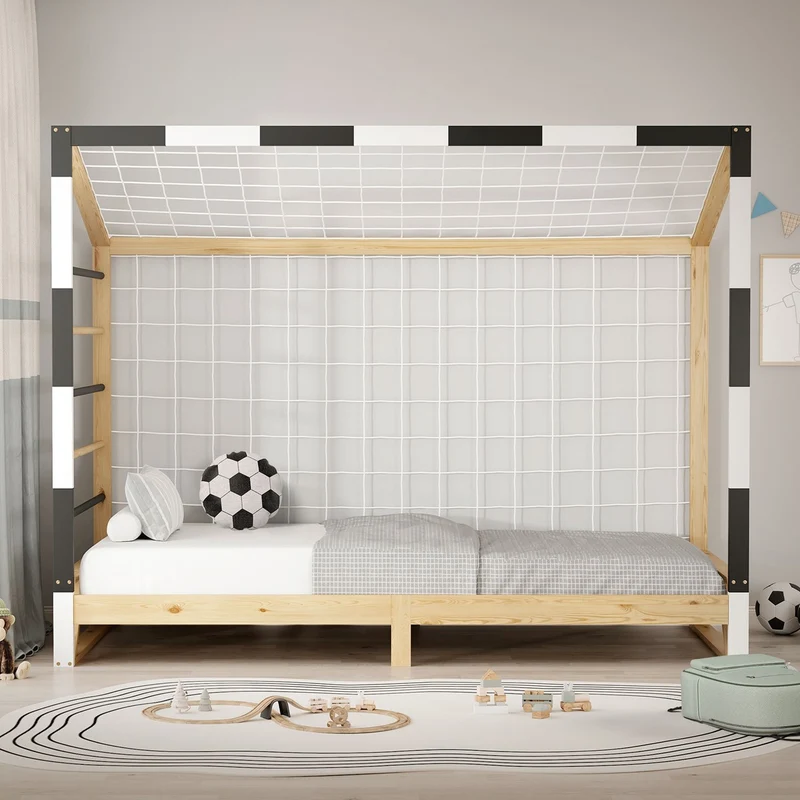 ML-Design | Kinderbett Fußballtor B-Ware, 90x200 cm aus massivem Kiefernholz Holzbett mit Lattenrost & Tornetz Handballtor