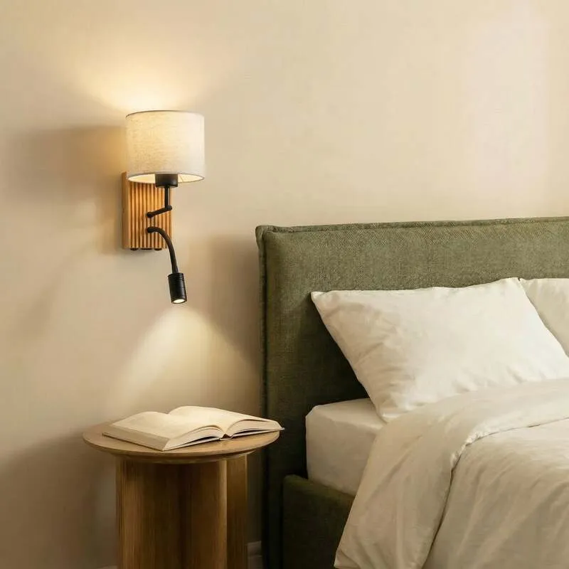 B-Ware Lucande Wandlampe Lieske LED Wandleuchte Lampe beige Textil Holz 39cm hoch
