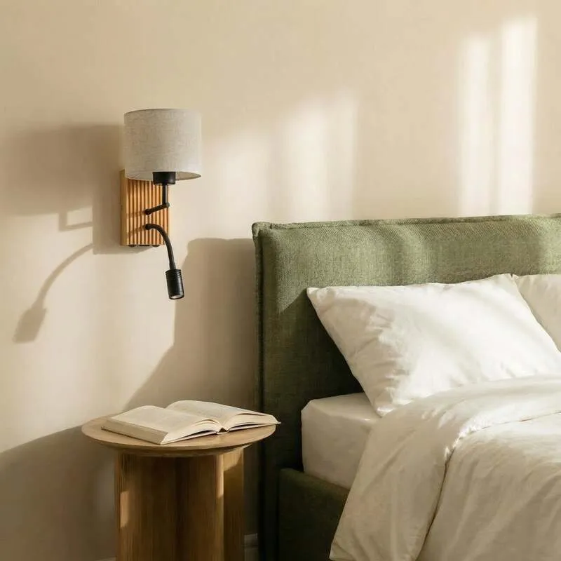 B-Ware Lucande Wandlampe Lieske LED Wandleuchte Lampe beige Textil Holz 39cm hoch