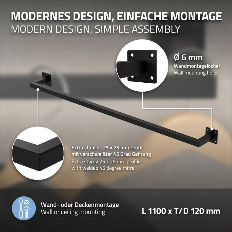 Kleiderstange Garderobe Wandmontage Schwarz aus Stahl ML-Design