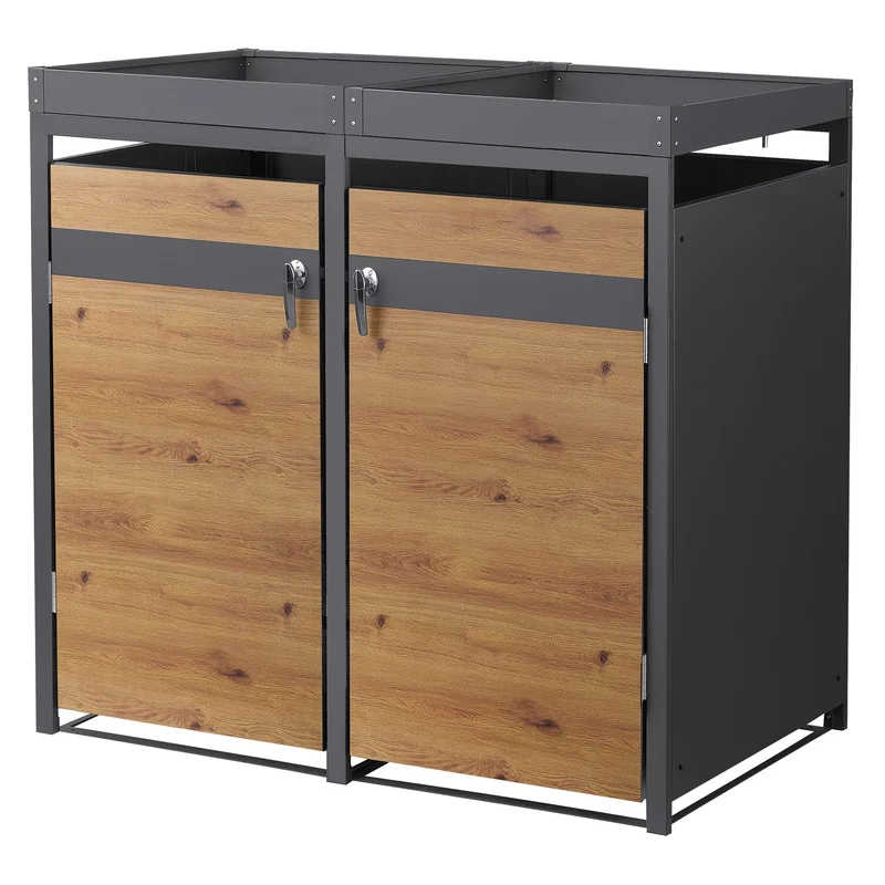 Mülltonnenbox mit Pflanzdach 2er bis 240L 132x80x124 cm aus Stahl in Eichenoptik ML-Design
