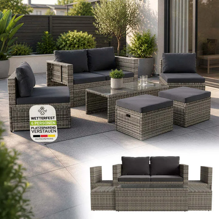 B-Ware Polyrattan Lounge Salou Gartenmöbel Set für 6 Personen wetterfest Polster grau