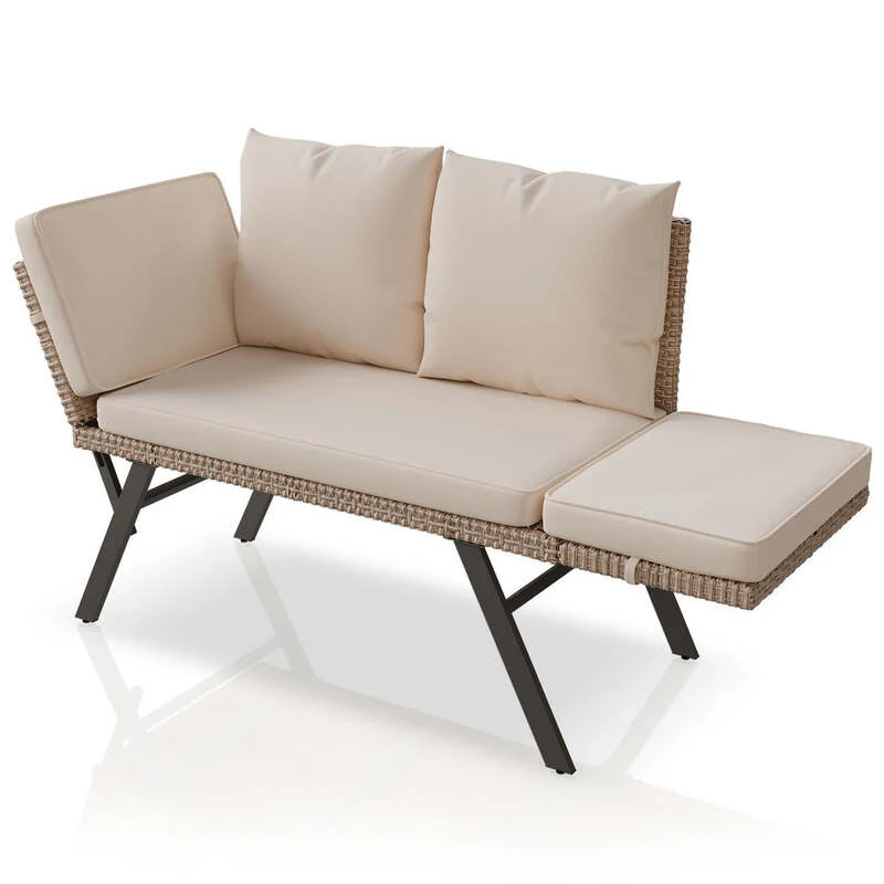 B-Ware Polyrattan Gartenbank Calvia Creme Sand Liegefunktion 2-3 Personen Multifunktion