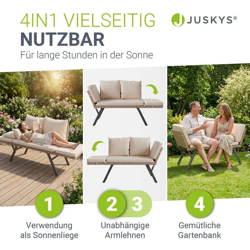 B-Ware Polyrattan Gartenbank Calvia Creme Sand Liegefunktion 2-3 Personen Multifunktion
