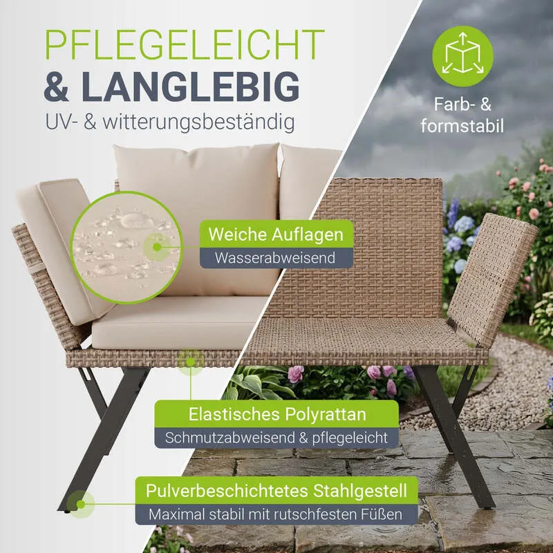 B-Ware Polyrattan Gartenbank Calvia Creme Sand Liegefunktion 2-3 Personen Multifunktion