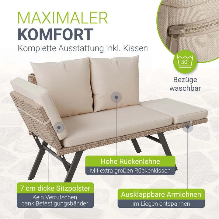 B-Ware Polyrattan Gartenbank Calvia Creme Sand Liegefunktion 2-3 Personen Multifunktion