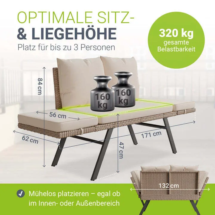 B-Ware Polyrattan Gartenbank Calvia Creme Sand Liegefunktion 2-3 Personen Multifunktion