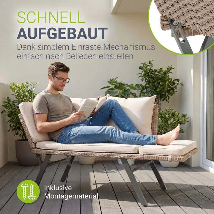 B-Ware Polyrattan Gartenbank Calvia Creme Sand Liegefunktion 2-3 Personen Multifunktion