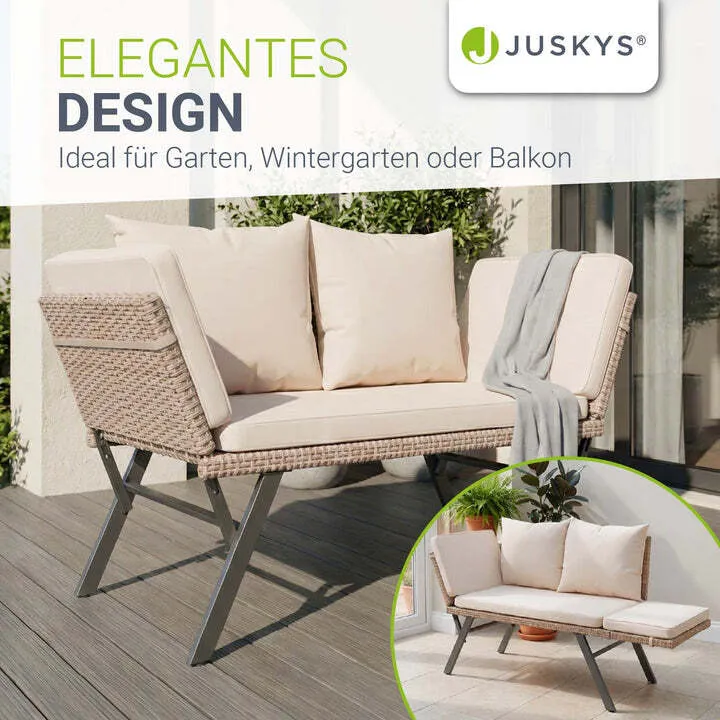B-Ware Polyrattan Gartenbank Calvia Creme Sand Liegefunktion 2-3 Personen Multifunktion
