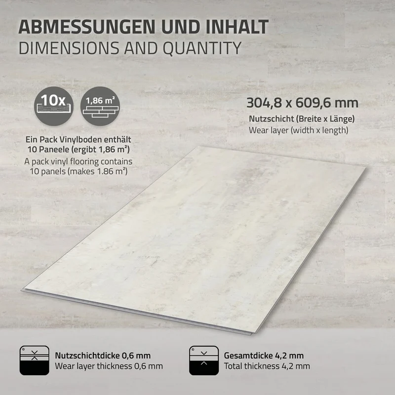 ML-DESIGN | Vinylboden Klick, mit Klicksystem & Belastungsklasse 34, 61 x 30,5 cm x 4,2 mm 1,86-9,3m² PVC Grau Bodenbelag in Betonoptik