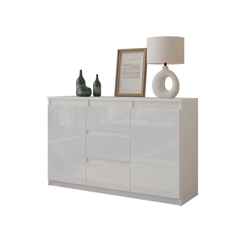 MIKEL - Kommode / Sideboard mit 3 Schubladen und 2 Türen - Weiß Matt / Weiß Gloss H75cm B120cm T35cm