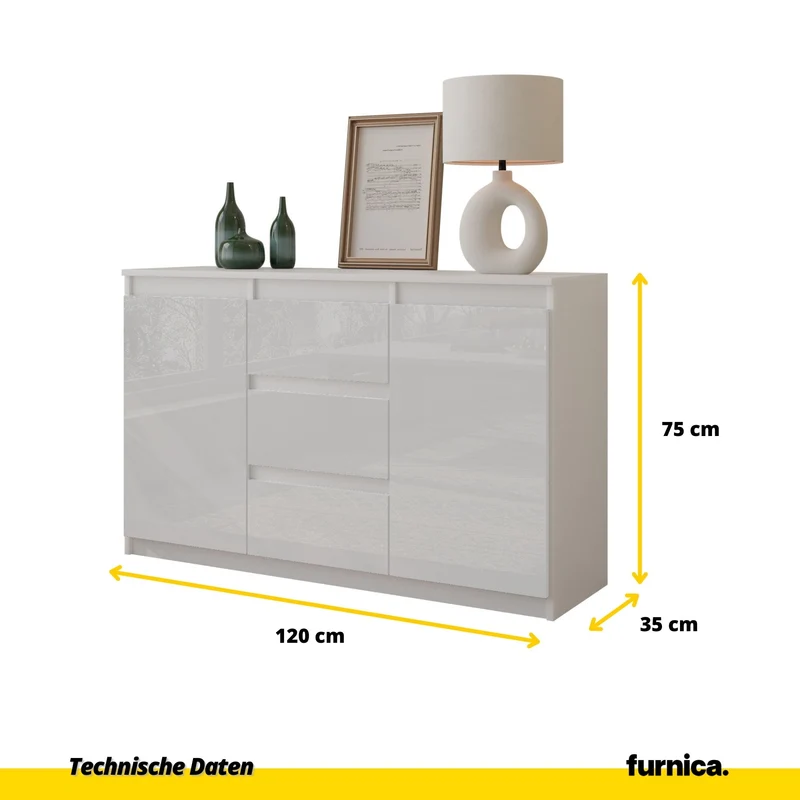 MIKEL - Kommode / Sideboard mit 3 Schubladen und 2 Türen - Weiß Matt / Weiß Gloss H75cm B120cm T35cm
