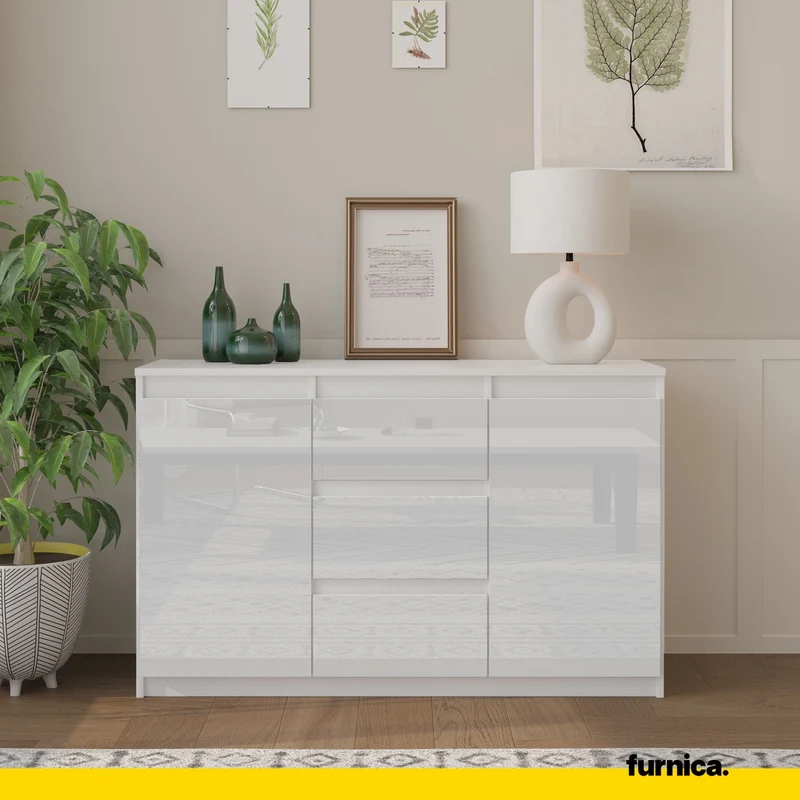 MIKEL - Kommode / Sideboard mit 3 Schubladen und 2 Türen - Weiß Matt / Weiß Gloss H75cm B120cm T35cm