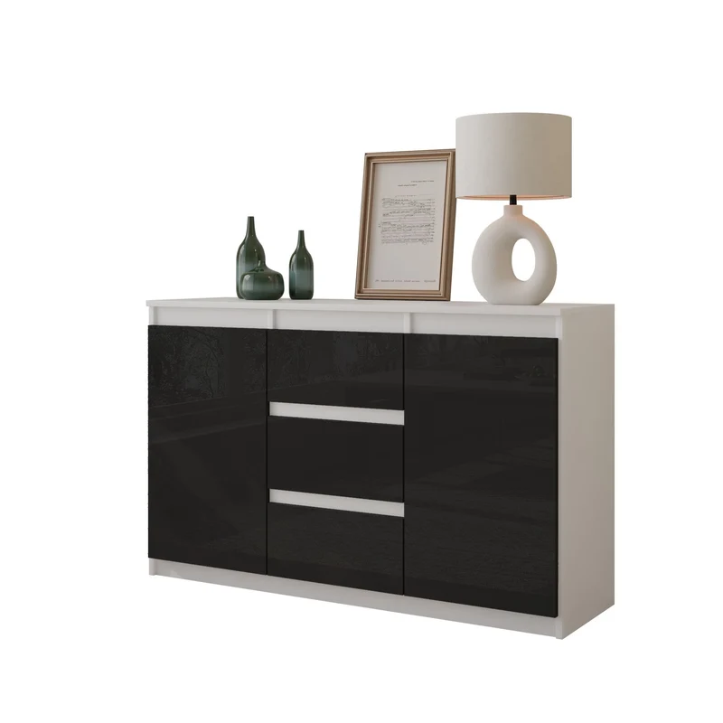 MIKEL - Kommode / Sideboard mit 3 Schubladen und 2 Türen - Weiß Matt / Schwarz Gloss H75cm B120cm T35cm