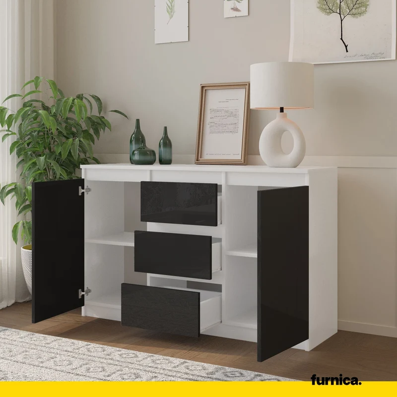 MIKEL - Kommode / Sideboard mit 3 Schubladen und 2 Türen - Weiß Matt / Schwarz Gloss H75cm B120cm T35cm