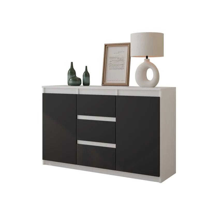MIKEL - Kommode / Sideboard mit 3 Schubladen und 2 Türen - Weiß Matt / Anthrazit Grau H75cm B120cm T35cm