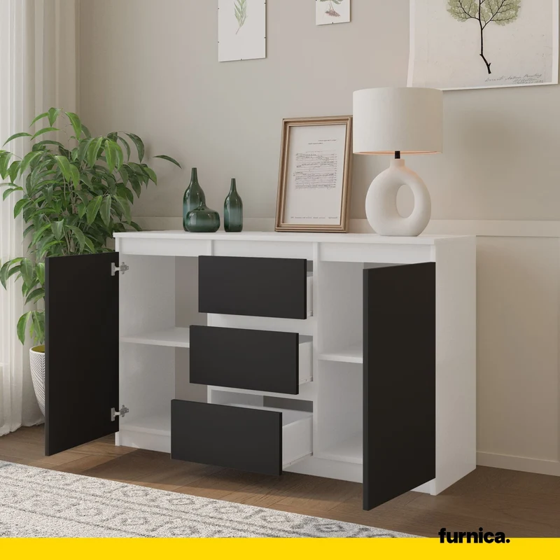 MIKEL - Kommode / Sideboard mit 3 Schubladen und 2 Türen - Weiß Matt / Anthrazit Grau H75cm B120cm T35cm