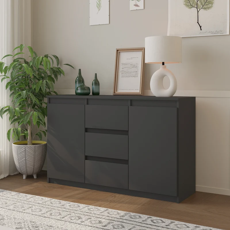MIKEL - Kommode / Sideboard mit 3 Schubladen und 2 Türen - Anthrazit Grau H75cm B120cm T35cm