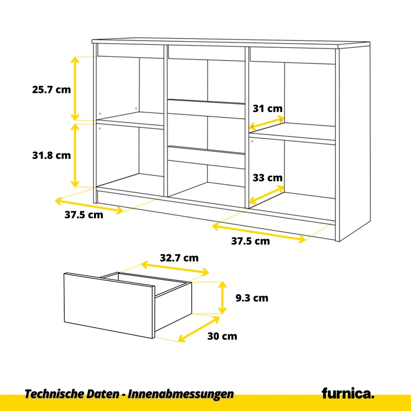 MIKEL - Kommode / Sideboard mit 3 Schubladen und 2 Türen - Anthrazit Grau H75cm B120cm T35cm