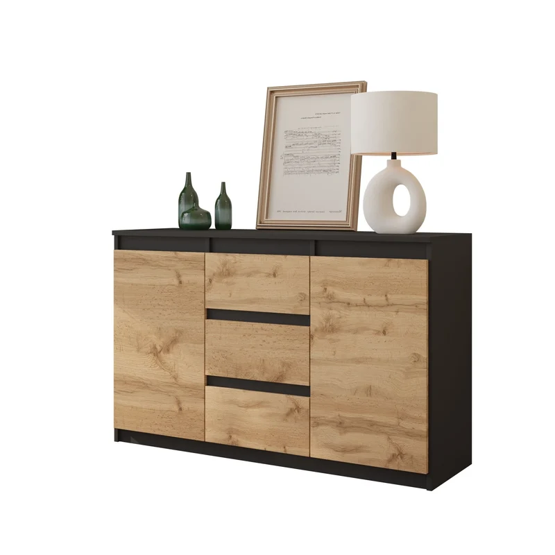 MIKEL - Kommode / Sideboard mit 3 Schubladen und 2 Türen - Anthrazit Grau / Wotan Eiche H75cm B120cm T35cm