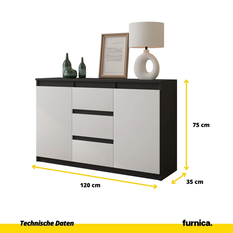 MIKEL - Kommode / Sideboard mit 3 Schubladen und 2 Türen - Anthrazit Grau / Weiß Matt H75cm B120cm T35cm