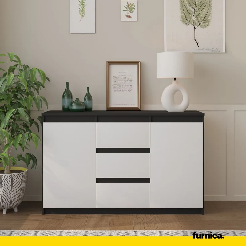 MIKEL - Kommode / Sideboard mit 3 Schubladen und 2 Türen - Anthrazit Grau / Weiß Matt H75cm B120cm T35cm