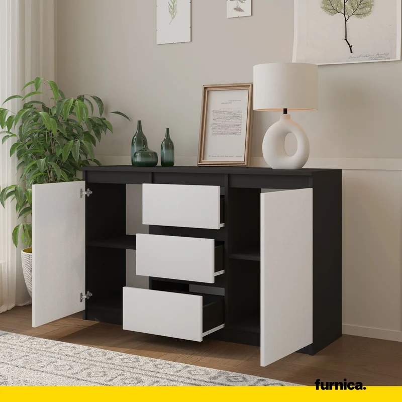 MIKEL - Kommode / Sideboard mit 3 Schubladen und 2 Türen - Anthrazit Grau / Weiß Matt H75cm B120cm T35cm