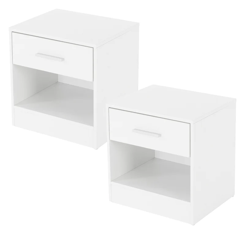 ML-Design | Nachttisch mit Schublade und offenem Fach 36.5x38.5x30 cm Weiß aus Holz, Nachtkommode mit Alu Griff