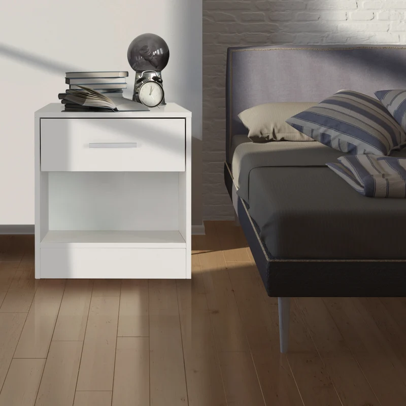 ML-Design | Nachttisch mit Schublade und offenem Fach 36.5x38.5x30 cm Weiß aus Holz, Nachtkommode mit Alu Griff