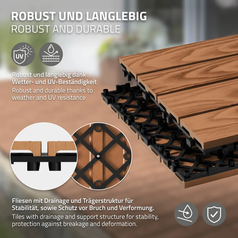 3x WPC Terrassenfliesen 30x30 cm 11er Spar Set für 1m² Hellbraun in Holzoptik Bodenbelag mit Drainage und Klicksystem