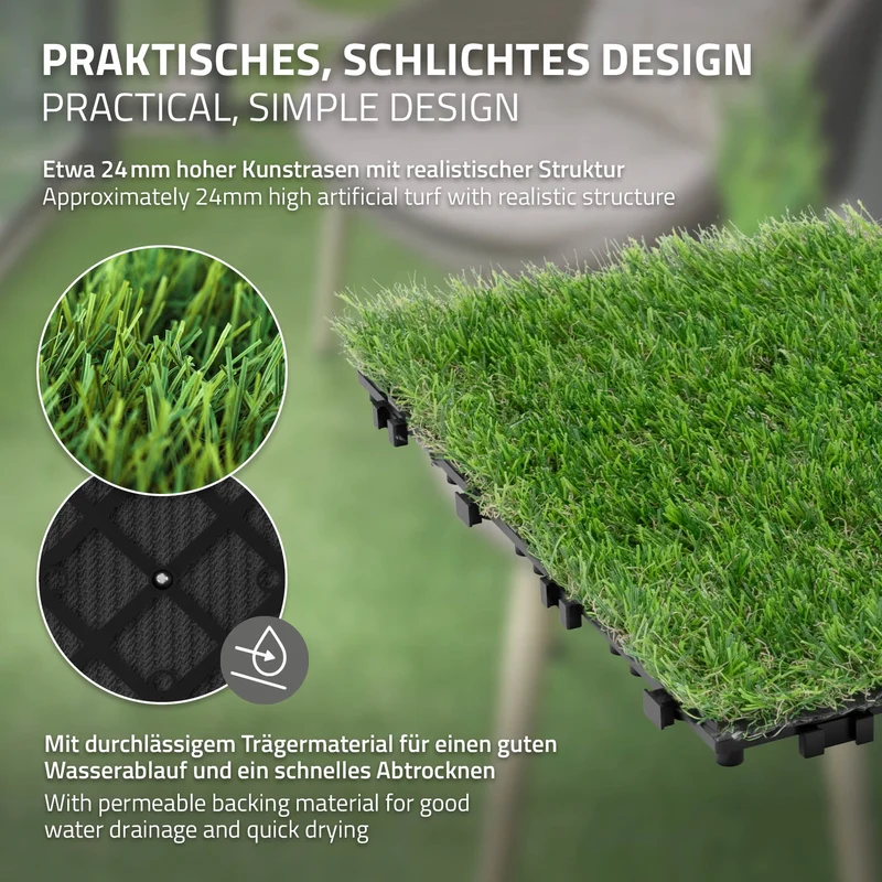 Kunstrasen Fliesen 30x30 cm, 44 Stück=4m², Grasoptik Bodenbelag mit Klicksystem und Drainage ML-Design